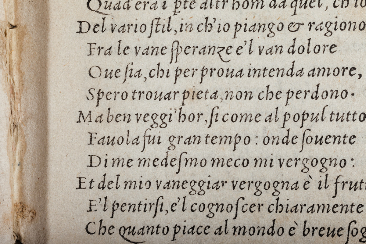 Il secondo corsivo di Griffo. Opere volgari di Messer Francesco Petrarca, Girolamo Soncino, Fano 1503. Biblioteca Federiciana di Fano.